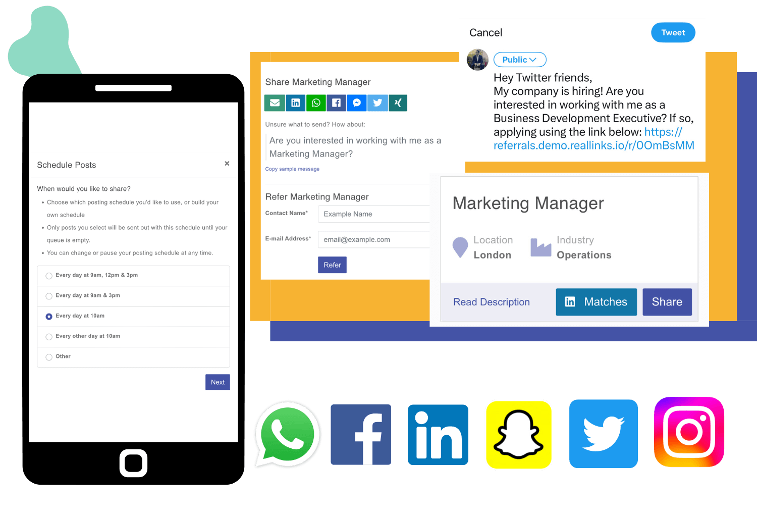 Schedule posts, review matches and share across social networks